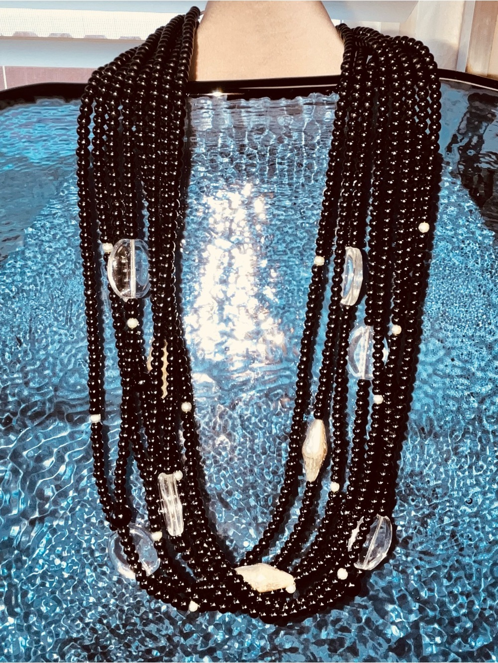 Multi-Strand Black Beaded Necklace with Clear Accent Beads - Women Jewelry